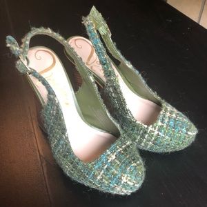 Vogue Tweed platform sling backs